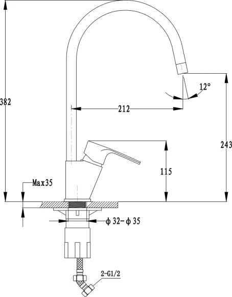 EWIGSTEIN Смеситель для кухни U-обр. D-35мм черный арт.