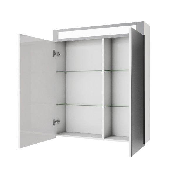 Шкаф зеркальный UNI, 70 см, 2 дверцы, 4 стеклянные полки, с подсветкой и выключателем, белый