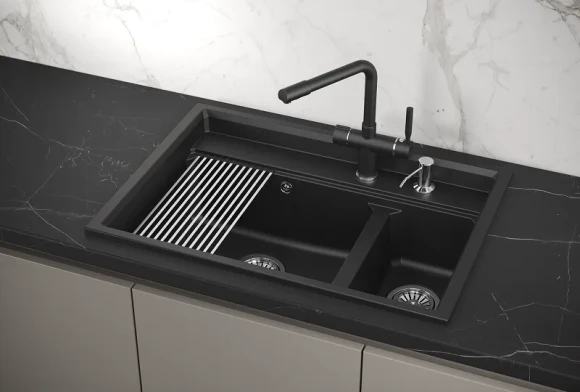 KS-7302, ШВАРЦ (чёрный металлик), кухонная мойка, кварц