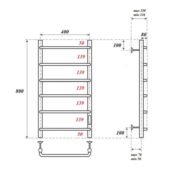 Полотенцесушитель электрический Point Ника PN08848W П6 400x800 диммер справа, белый Полотенцесушитель электрический Point Ника PN08848W П6 400x800 диммер справа, белый