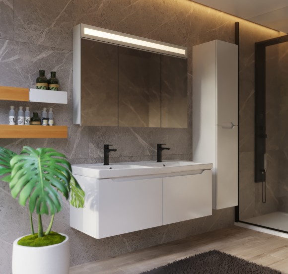 Шкаф зеркальный UNI, 120 см, 3 дверцы, 6 стеклянных полок, с LED-подсветкой и выключателем, белый