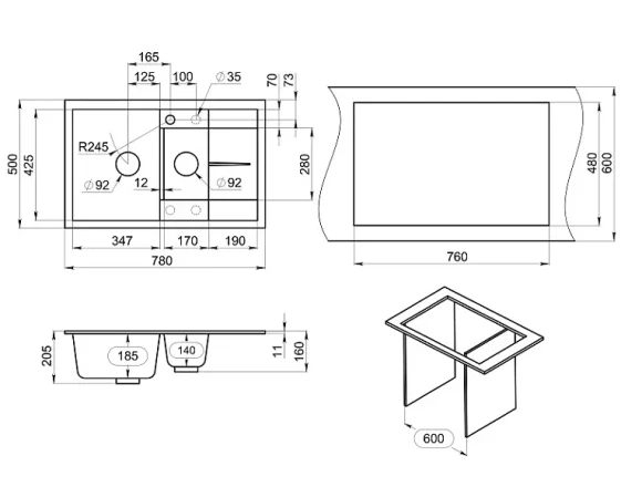 7802, ГРАФИТ (ЧЁРНО-СЕРЫЙ), кухонная мойка, кварц