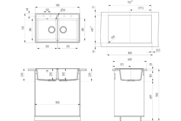 Мойка ULGRAN Quartz Ruma 780-07, уголь