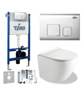 TIMO Комплект 3 в 1 унитаз белый RISTO + инсталляция + кнопка смыва SOLI глянцевая хромированная с шумоизоляцией и креплениями