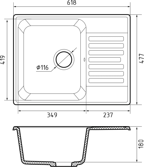 GRANFEST Мойка QUARZ 13  1-чаша+крыло 620*480мм серый арт.GF-Z-