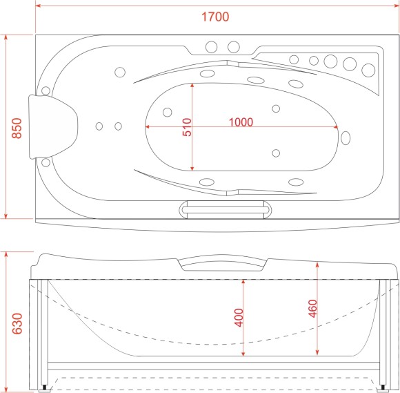 Ванна ГМ 1700*850*630 с насосом OLB-801 с переливом