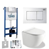 TIMO Комплект 3 в 1 унитаз белый RISTO + инсталляция + кнопка смыва REKO глянцевая хромированная с шумоизоляцией и креплениями