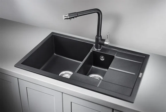 7802, ШВАРЦ (чёрный металлик), кухонная мойка, кварц