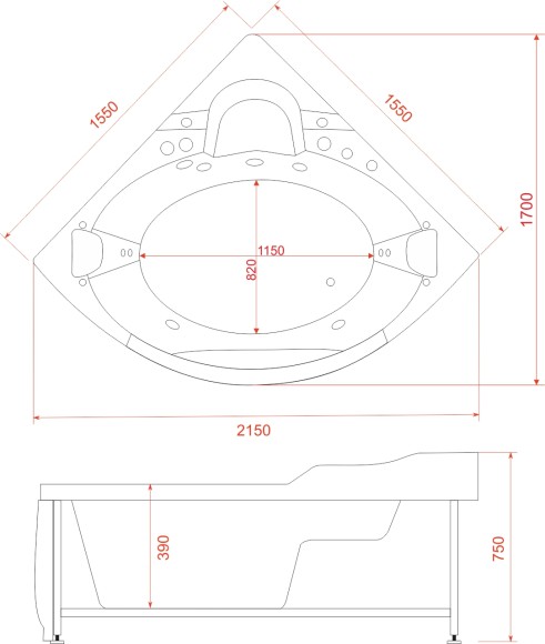Ванна ГМ 1550*1550*750 с насосом OLB-806 с переливом