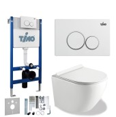 TIMO Комплект 3 в 1 унитаз белый RISTO + инсталляция + кнопка смыва KULO глянцевая белая с шумоизоляцией и креплениями