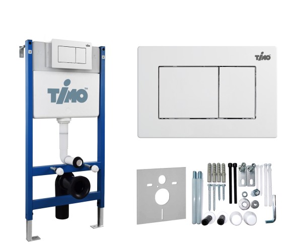 TIMO Комплект 3 в 1 унитаз белый RISTO + инсталляция + кнопка смыва REKO глянцевая белая с шумоизоляцией и креплениями
