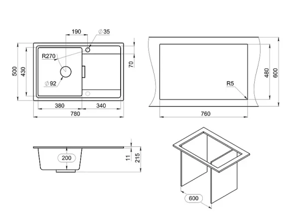 7804, АРКТИК (БЕЛЫЙ), кухонная мойка, кварц