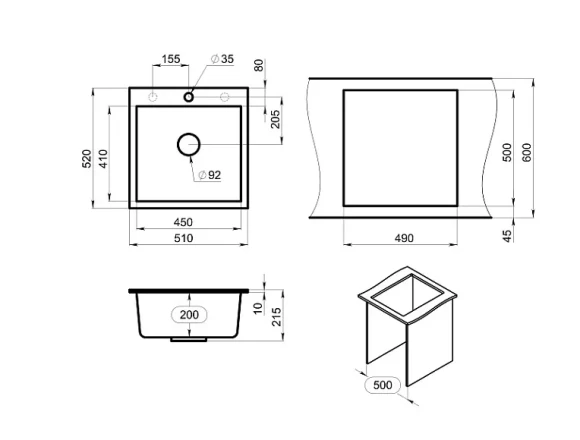5102, ГРАФИТ (ЧЁРНО-СЕРЫЙ), кухонная мойка, кварц