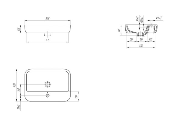 Раковина на столешницу CASPIA 60 SQUARE 1 отв.