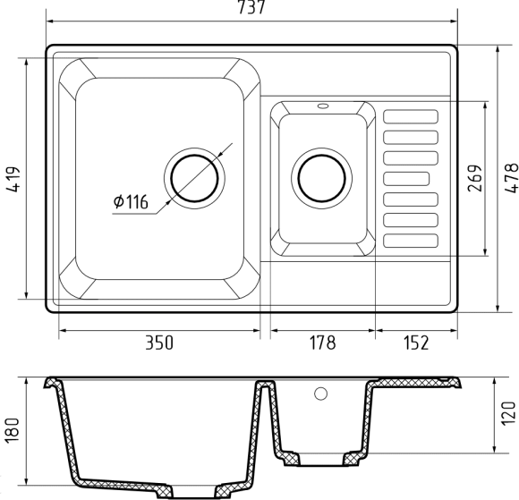 GRANFEST Мойка QUARZ 21К  1,5-чаши+крыло 740*480мм песочный арт.GF-Z-