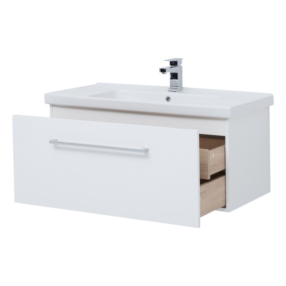 Тумба BIG INN, 80 см, подвесная, 1 ящик + выдвижной внутренний ящик, белый глянец