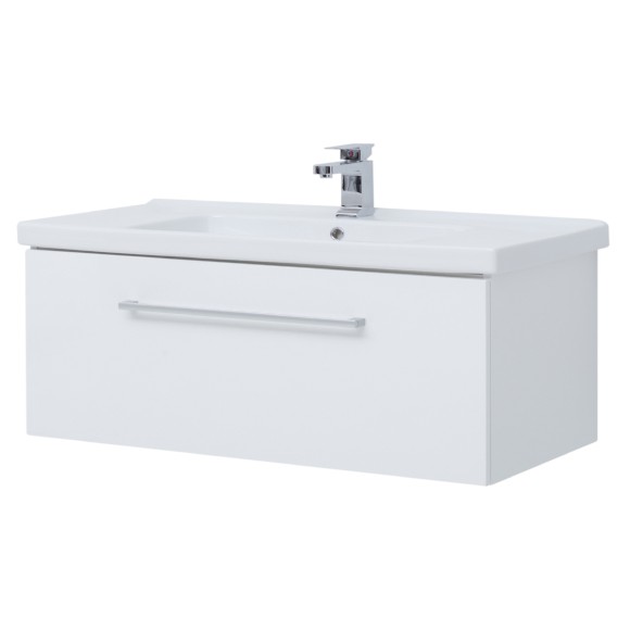 Тумба BIG INN, 100 см, подвесная, 1 ящик + выдвижной внутренний ящик, белый глянец