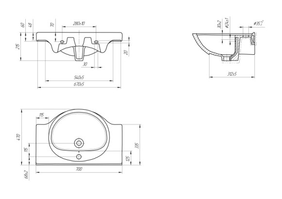 Раковина мебельная ERICA 70 1 отв.