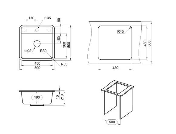 5001, ЧЁРНЫЙ, кухонная мойка, СтандАРТ кварц