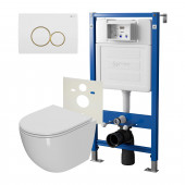 Сет: Система инсталляции Point Элемент для подвесного унитаза PN45120 + Клавиша смыва для инсталляции Point Виктория, белая/золото, PN44061WG + Унитаз подвесной Point Афина безободковый, сиденье микролифт PN41041