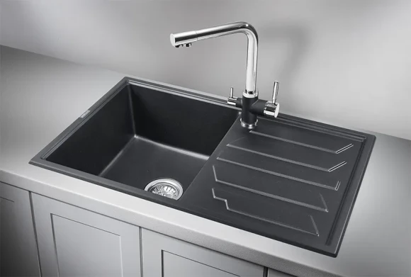 8002, ШВАРЦ (чёрный металлик), кухонная мойка, кварц
