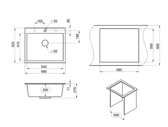 6001, ШВАРЦ (чёрный металлик), кухонная мойка, кварц