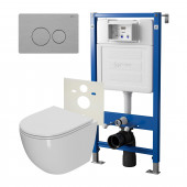Сет: Система инсталляции Point Элемент для подвесного унитаза PN45120 + Клавиша смыва для инсталляции Point Виктория, нержавеющая сталь, сталь брашированная, PN44061SB + Унитаз подвесной Point Афина безободковый, сиденье микролифт PN41041