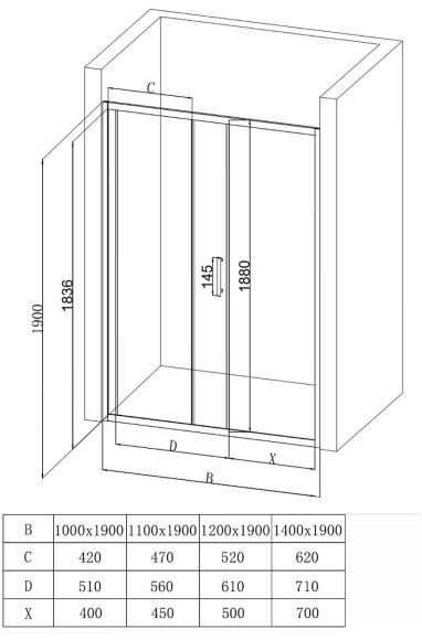 EG1C Душевое ограждение в проем EvaGold 120х190, профиль хром, прозрачное стекло