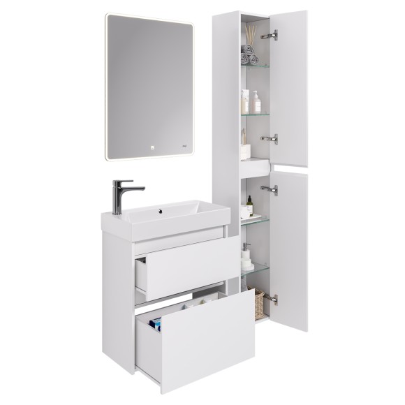 Пенал SLIM, 30 см, подвесной/напольный, универсальный, 2 дверцы, 4 стеклянные полки, белый глянец