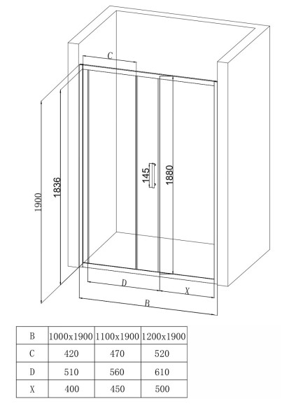 EG1B Душевое ограждение в проем EvaGold 100х190, профиль черный матовый, прозрачное стекло