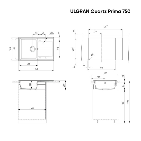 Мойка ULGRAN Quartz Prima 750-02, лен