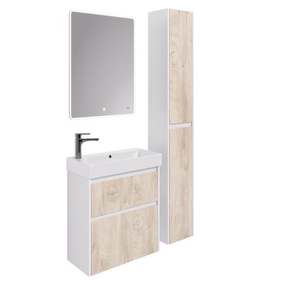 Пенал SLIM, 30 см, подвесной/напольный, универсальный, 2 дверцы, 4 стеклянные полки, белый глянец / дуб кантри