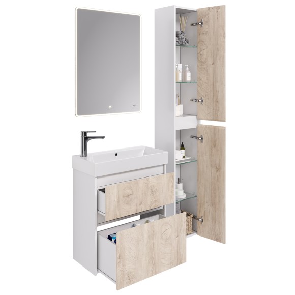 Пенал SLIM, 30 см, подвесной/напольный, универсальный, 2 дверцы, 4 стеклянные полки, белый глянец / дуб кантри