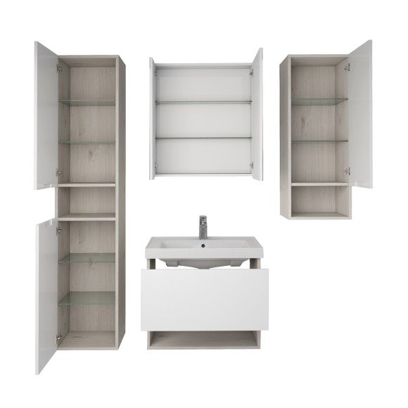 Пенал PERFECTO, 35 см, подвесной/напольный, универсальный, 2 дверцы, 4 стеклянные полки, дуб эврика/белый глянец