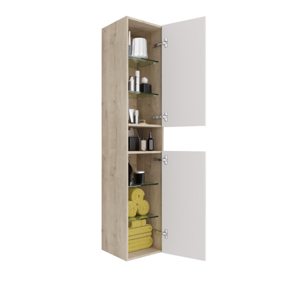 Пенал PERFECTO, 35 см, подвесной/напольный, универсальный, 2 дверцы, 4 стеклянные полки, дуб эврика/белый глянец