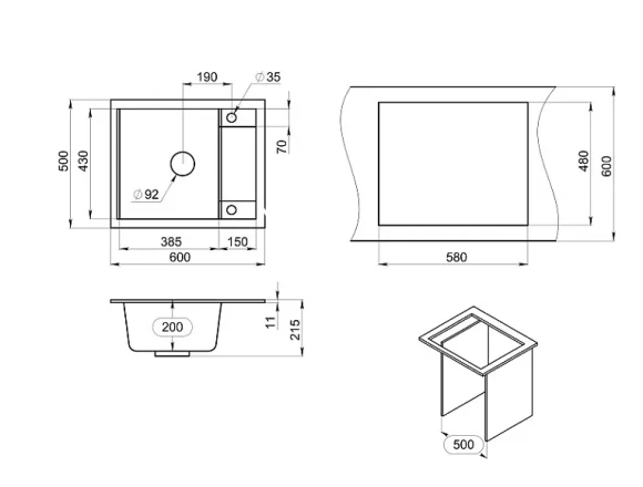 6002, ШВАРЦ (чёрный металлик), кухонная мойка, кварц