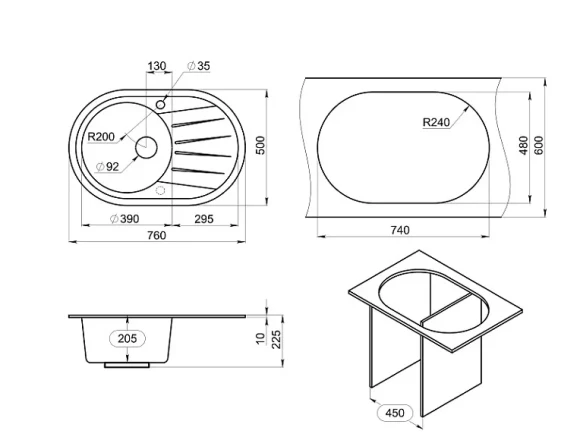 7601, ЧЁРНЫЙ, кухонная мойка, СтандАРТ кварц
