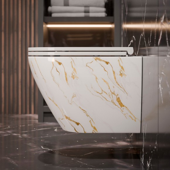 Унитаз подвесной K704MG золотой мрамор безободковый, сиденье тонкое ДП, крепления 