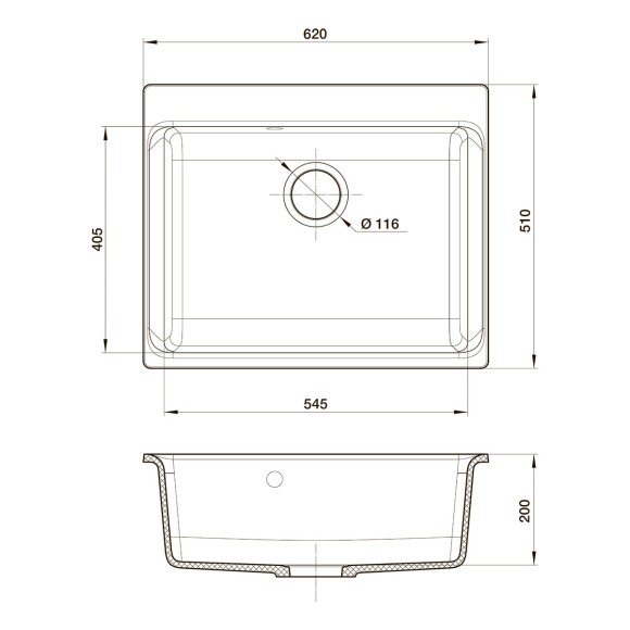 Мойка кухонная RIVELATO Axel 60, 620x510, Х-60 серый металлик, кварц