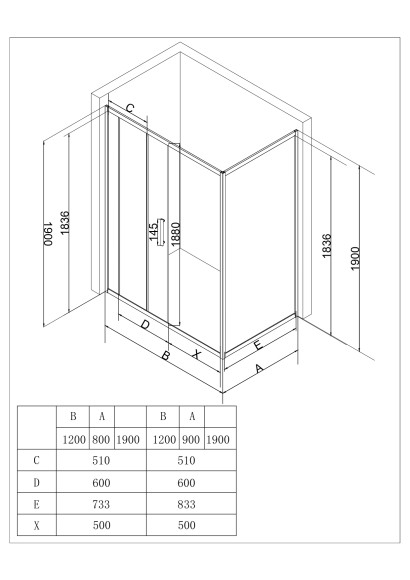 EG2B Душевое ограждение прямоугольное EvaGold 120х90, профиль черный матовый, прозрачное стекло