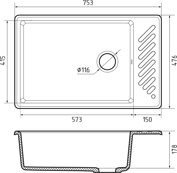 GRANFEST  Мойка QUARZ 51  1-чаша+крыло 760*480мм терракот арт.GF-ZL-