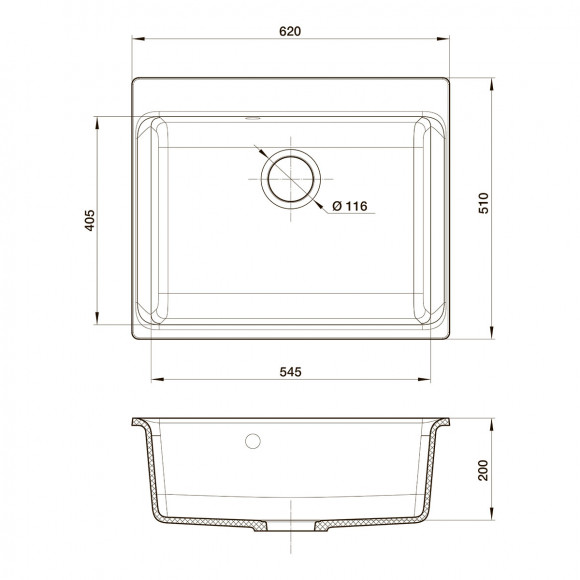Мойка кухонная RIVELATO Axel 60, 620x510, Х-60 черный, кварц