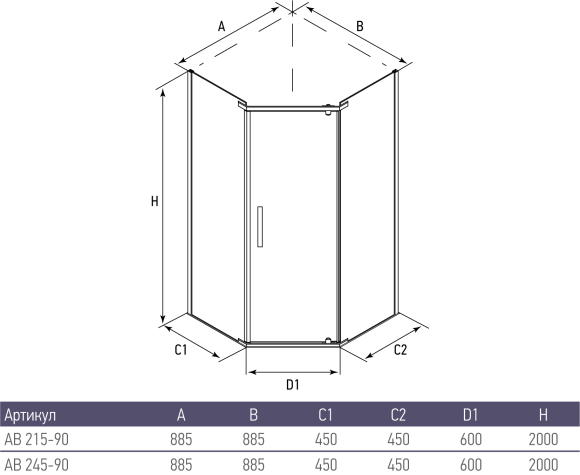 Душевое ограждение Alex Baitler AB215-90 (900x900x2000) пятиугольное, прозрачное