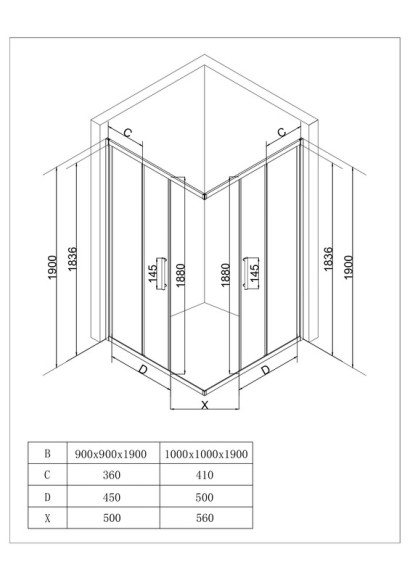 EG3B Душевое ограждение квадрат EvaGold 100х100, профиль черный матовый, прозрачное стекло