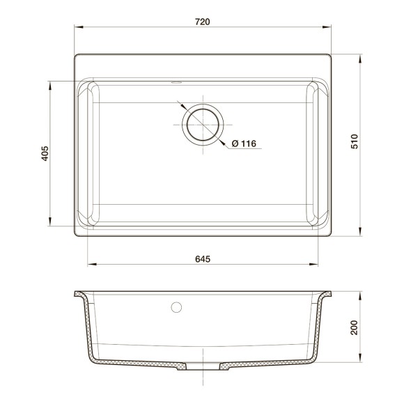 Мойка кухонная RIVELATO Axel 70, 720x540, Х-70 серый металлик, кварц