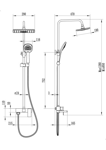 FS01B Душевая стойка со смесителем латунь, черный EvaGold