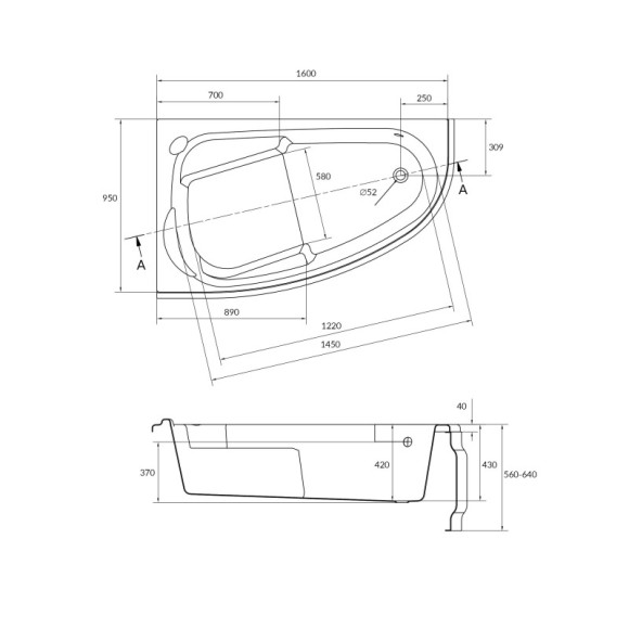 Ванна асимметричная JOANNA NEW 160x95 правая белый
