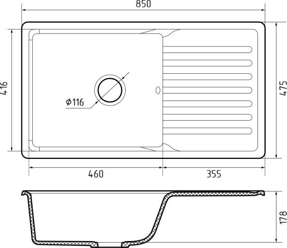 GRANFEST  Мойка QUARZ 73  1-чаша+крыло 860*480мм песочный арт.GF-ZW-