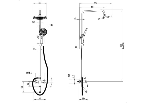 FS04B Душевая стойка со смесителем латунь, черный EvaGold