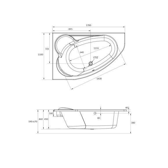 Ванна асимметричная KALIOPE 170x110 правая
